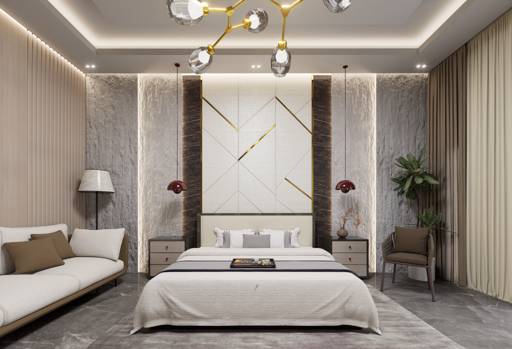 Stylish and elegant modern bedroom interior with contemporary design elements.